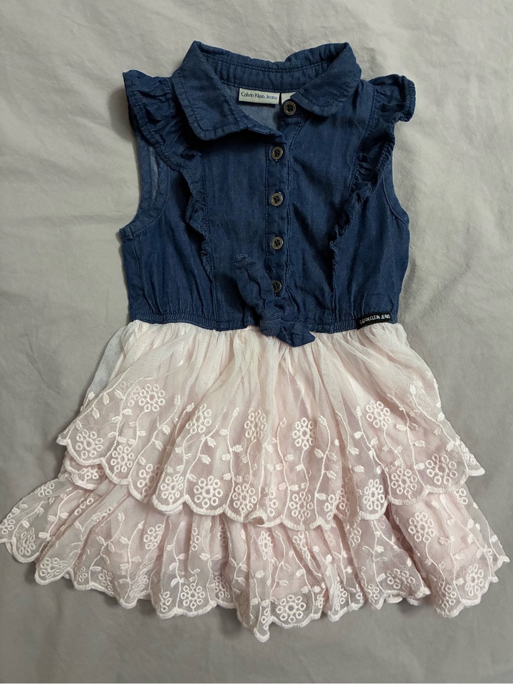 Calvin Klein Girls Ruffled Tiered Dress Navy Chambray & Pale Pink Lace